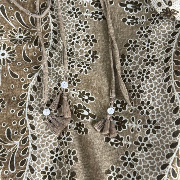 D'ascoli Peasant Blouse Size Medium Brown Floral Long Sleeve Cotton Boho Resort - Picture 7 of 10